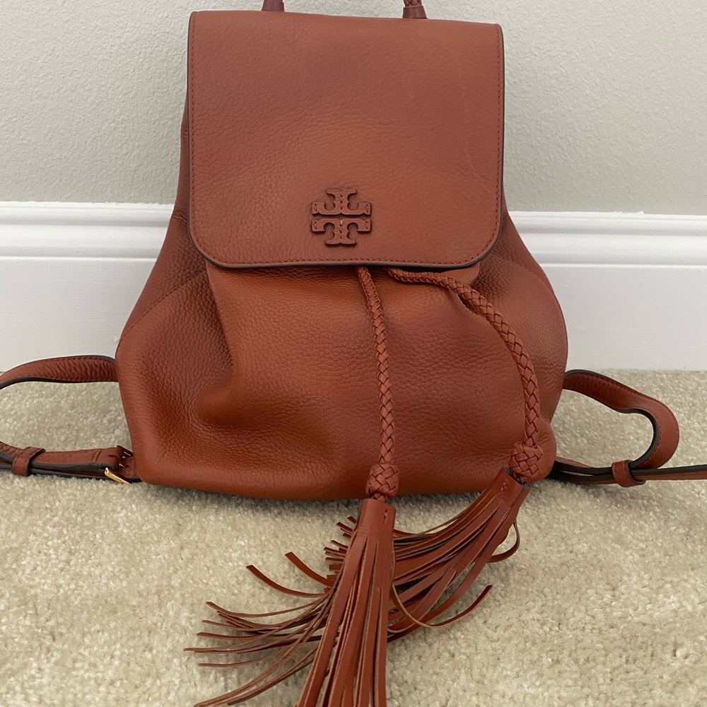 Tory Burch Tan Leather Backpack with Tassels